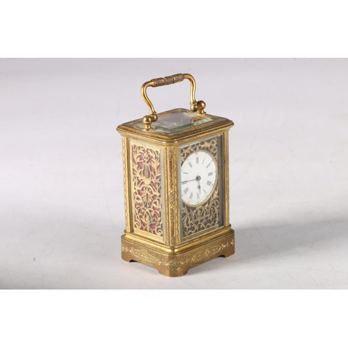 388 - C. 1900 miniature four glass carriage clock with classical decoration and enamel dial with Roman and... 