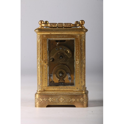 388 - C. 1900 miniature four glass carriage clock with classical decoration and enamel dial with Roman and... 