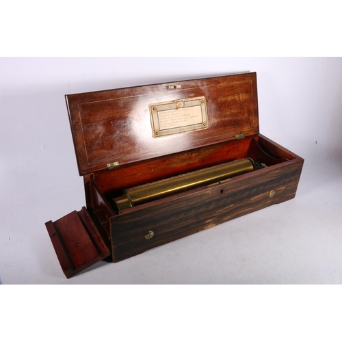 392 - Victorian Swiss inlaid walnut cased cylinder music box, the hinged marquetry inlaid top enclosing cy... 