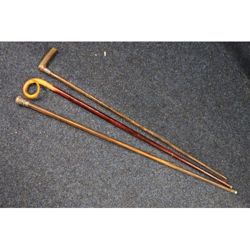 398 - Group of three walking sticks, one with a white metal cap, another with horn handle and white metal ... 