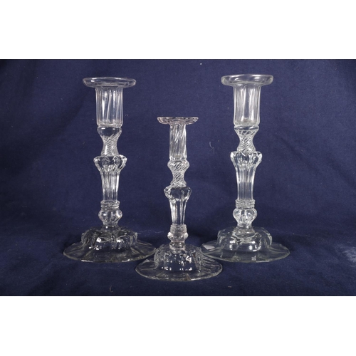 411 - Pair of 18th Century candlesticks, one with drack both on Silesean stems and domed foot, 21cm and an... 