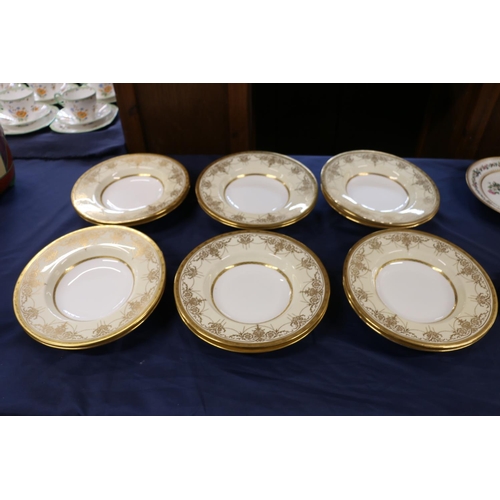 431 - Set of twelve early 20th c. Minton rim soups with foliate gilt decoration, retailed by Davis, C... 