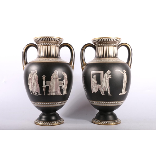 441 - Pair of Victorian Etruscan revival twin handled vases by Pratt & Co circa 1850-60 of baluster fo... 