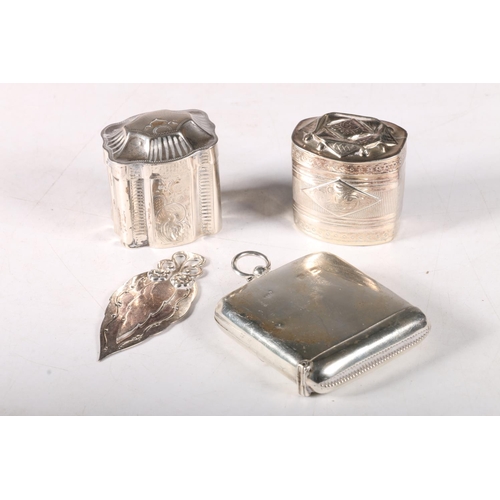 85 - Dutch silver pill or cachou boxes, engraved and of shaped rectangular form, also a silver bookmark a... 