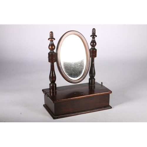 344 - Dressing mirror apprentice piece with bevelled oval mirror on turned supports with jewellery box bas... 