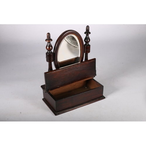 344 - Dressing mirror apprentice piece with bevelled oval mirror on turned supports with jewellery box bas... 