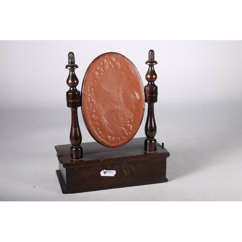 344 - Dressing mirror apprentice piece with bevelled oval mirror on turned supports with jewellery box bas... 