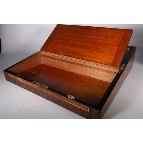 345 - Victorian walnut and brass inlaid and ebony strung writing slope, with brass cartouche to the top wi... 