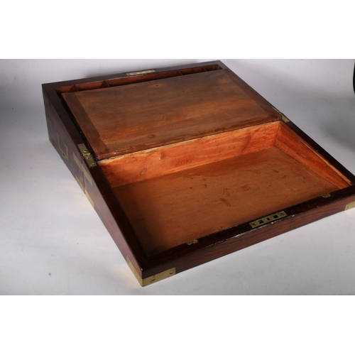 346 - Victorian rosewood and brass mounted writing slope with brass cartouche to the top enclosing a later... 