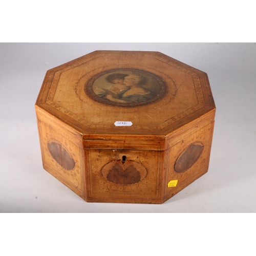 353 - Regency satinwood octagonal work box, the centre decorated with a painted scene of two ladies, inlai... 