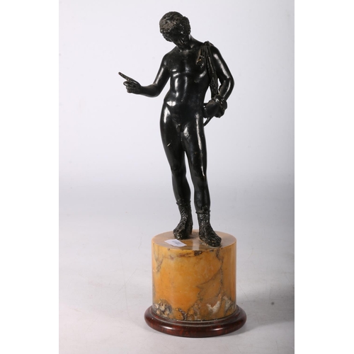 367 - Bronze figure of Narcissus on yellow marble plinth base, 28cm tall.