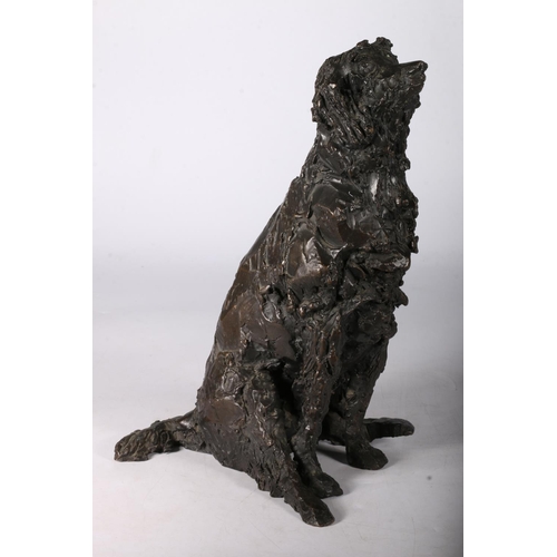 368 - Heavy bronze sculpture of seated lurcher, signed with monogram B, 29cm tall.