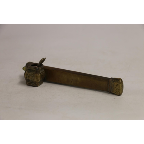 370 - 19th Century Ottoman brass traveling inkwell pen case or qalamdan, 22cm long.