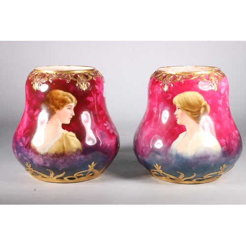 436 - Pair of Royal Bonn porcelain vases painted by Bohme circa early 20th century the shaped vases decora... 