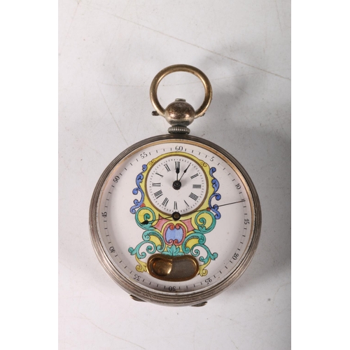 89 - C. 1900 open faced pocket watch enamel dial with decorative Rococo clock design and exposed pendulum... 