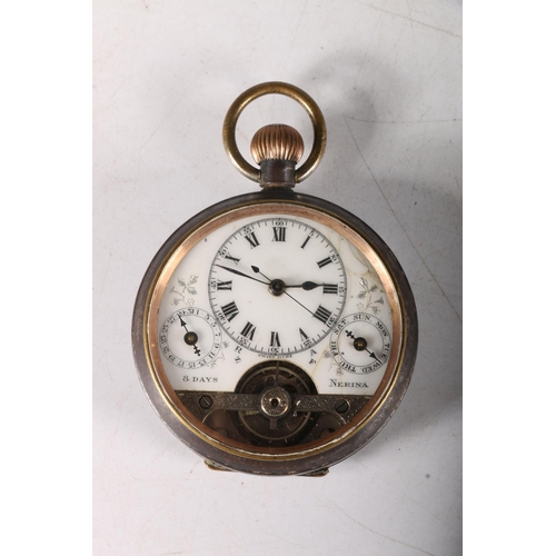 90 - C. 1900 open faced pocket watch with white enamel three quarter dial with day and date subsidiary di... 