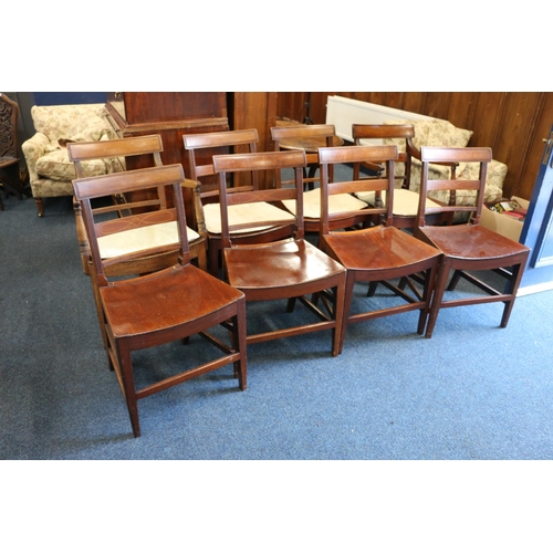 544 - Set of eight 19th century mahogany dining chairs with satinwood strung spar back and reeded scroll a... 