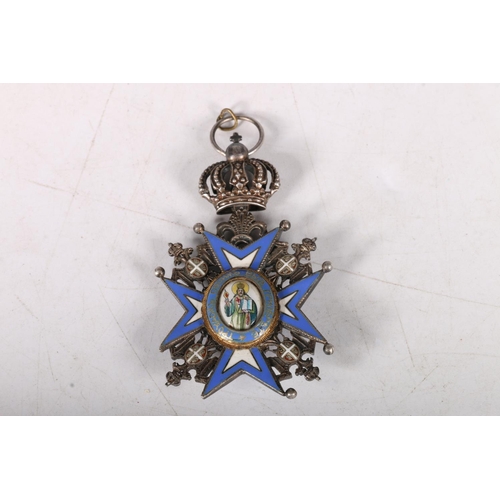 98 - Russian enamel and white metal medal with Maltese cross with saint and dated 1883, 6cm. 