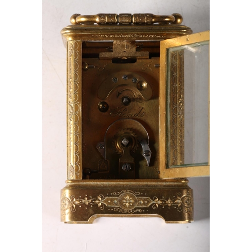 388 - C. 1900 miniature four glass carriage clock with classical decoration and enamel dial with Roman and... 