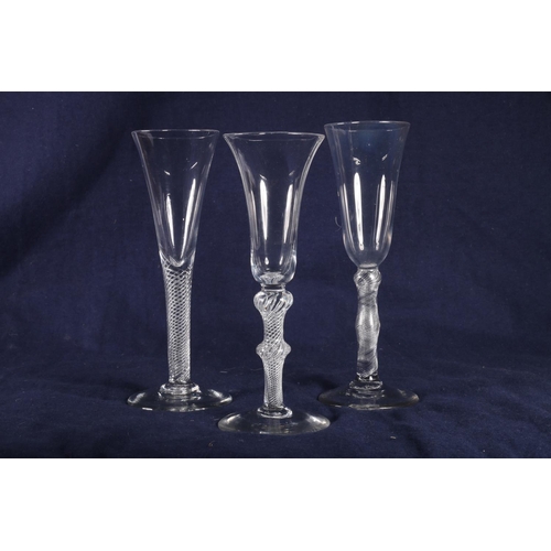 417 - Group of three ale glasses, two with tapered conical stems and air twists and another  with double b... 