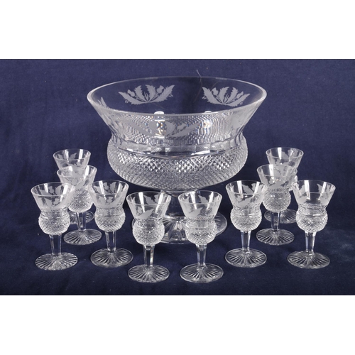 424 - Edinburgh Crystal thistle style footed bowl, 17cm, and 10 matching liquor glasses. 