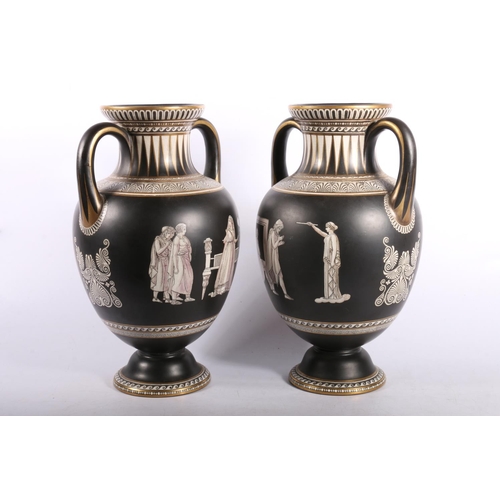 441 - Pair of Victorian Etruscan revival twin handled vases by Pratt & Co circa 1850-60 of baluster fo... 