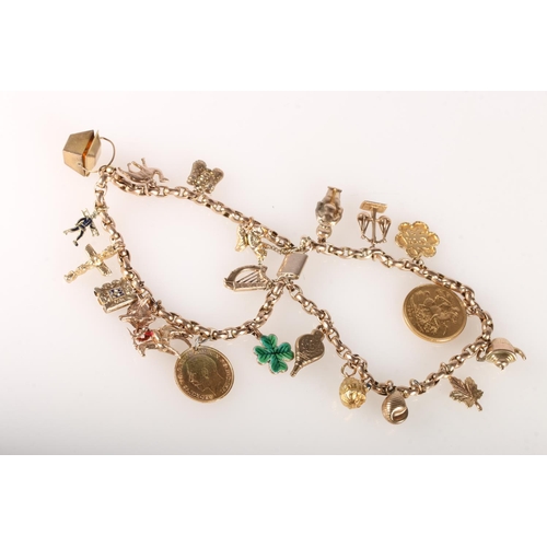 100 - 9ct gold charm bracelet with 21 charms, including a full and half sovereign, 49.5g gross.  ... 