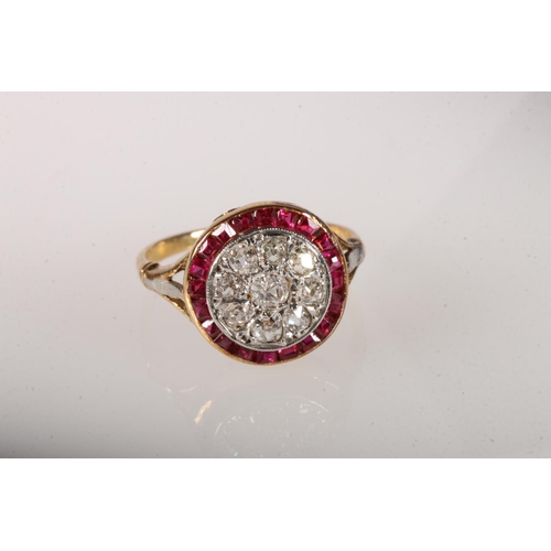 101 - 18ct gold art deco ring with nine round old cut diamonds and twenty square rubies in channel se... 