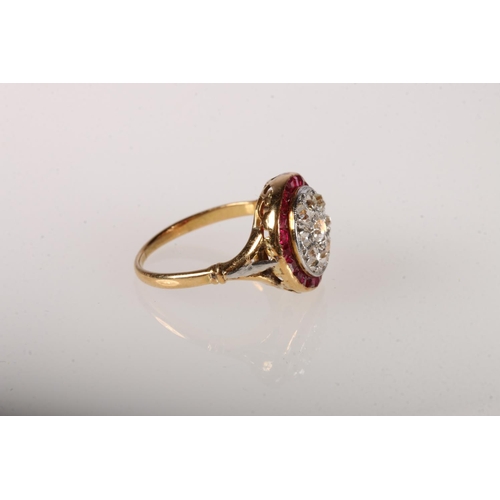 101 - 18ct gold art deco ring with nine round old cut diamonds and twenty square rubies in channel se... 