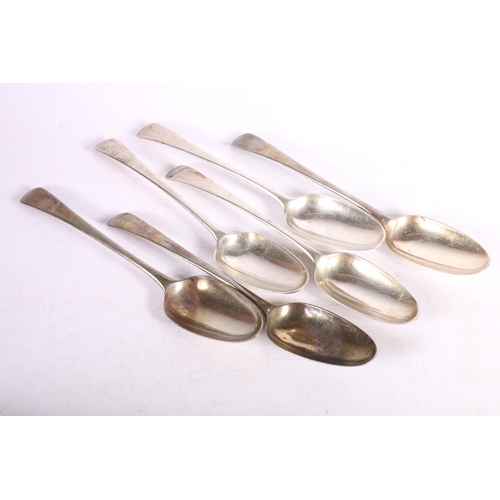 58 - George III set of six silver table spoons, markings rubbed one with clear makers mark for Willi... 