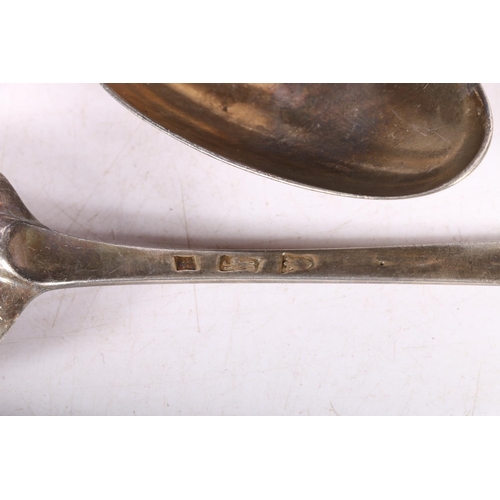 58 - George III set of six silver table spoons, markings rubbed one with clear makers mark for Willi... 