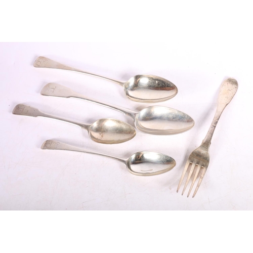 59 - George III silver spoons and one fork, all hallmarked William Eley I & William Fearn, ... 