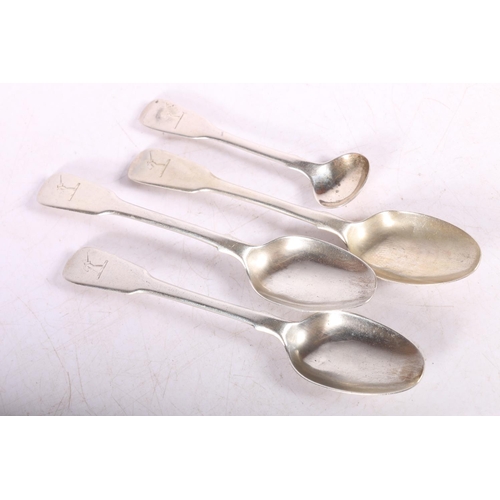 60 - William IV Scottish silver fiddle back tea spoons (3), with arm holding dagger to handle, hallmarked... 