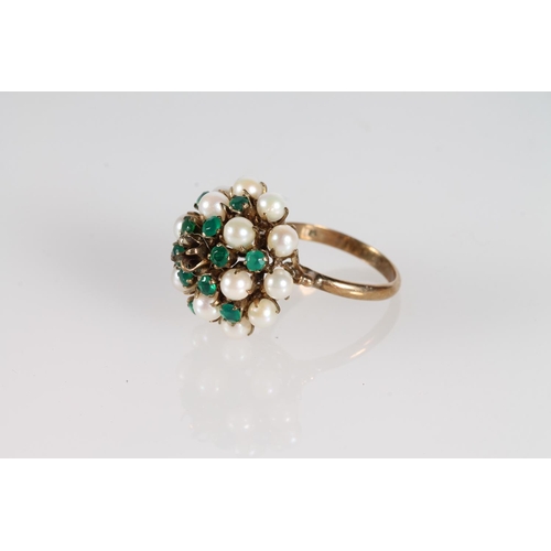 172 - 14ct gold cluster ring with pearls and green stones (one missing), size N, 5.3g.