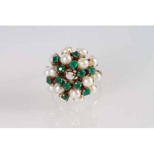 172 - 14ct gold cluster ring with pearls and green stones (one missing), size N, 5.3g.