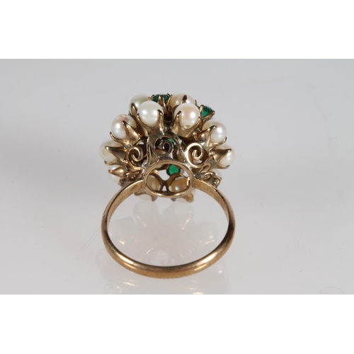 172 - 14ct gold cluster ring with pearls and green stones (one missing), size N, 5.3g.