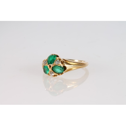 178 - 19th c. or earlier yellow metal ring with three green pear shaped cut stones separated by diamond, s... 