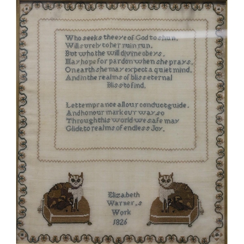 332 - 19th c. sampler by Elizabeth Warner, dated 1826, 30 x 25cm.