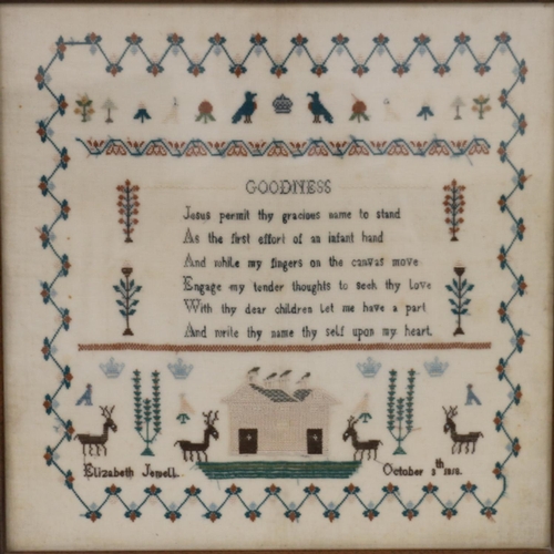 333 - 19th c. sampler by Elizabeth Jewell, dated October 8th 1858, 42 x 40cm.