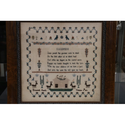 333 - 19th c. sampler by Elizabeth Jewell, dated October 8th 1858, 42 x 40cm.