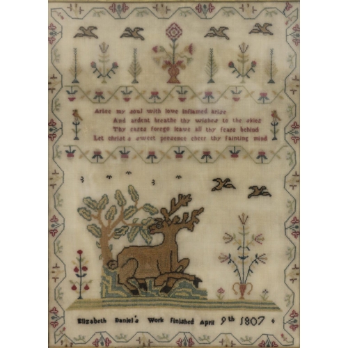 336 - 19th c. sampler by Elizabeth Daniel, dated April 9th 1807, 42 x 30cm.