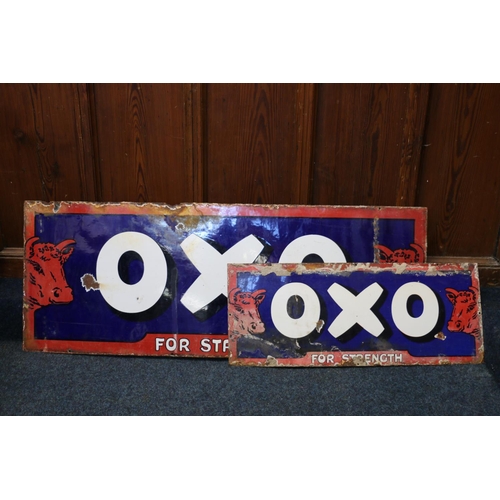 377 - Vintage enamel metal OXO sign, 123 x 46cm, and another smaller.