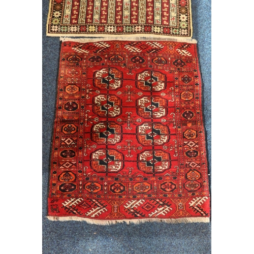 558 - Baluchistan prayer rug, 135 x 77, another worn Baluchistan, and a Turkoman style mat with eight guls... 