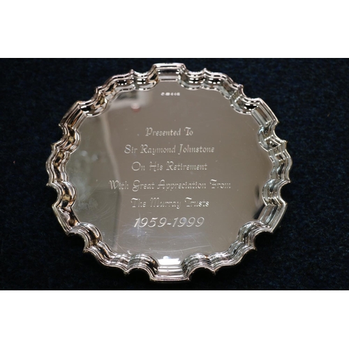 72 - Silver salver hallmarked Birmingham 2000, makers mark rubbed, inscribed 