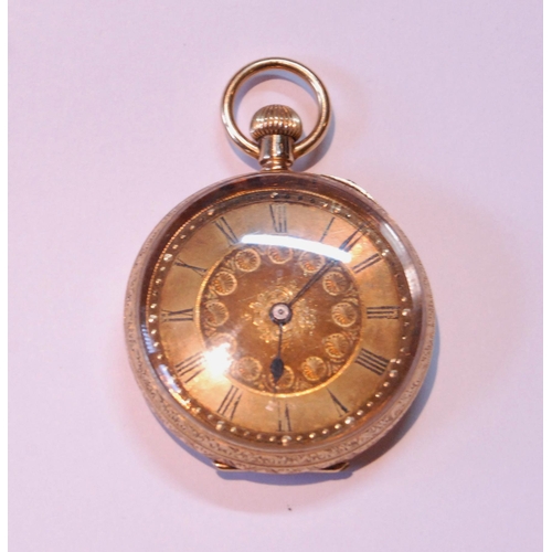 111 - Geneva keyless lever watch with engraved dial and open face case, '18k', 35mm.