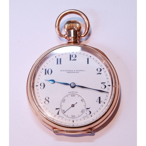 112 - Zenith keyless lever watch, for Stevenson & Russell, no. 2795458, in rolled gold open face case,... 