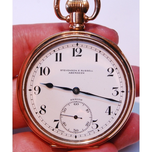 112 - Zenith keyless lever watch, for Stevenson & Russell, no. 2795458, in rolled gold open face case,... 