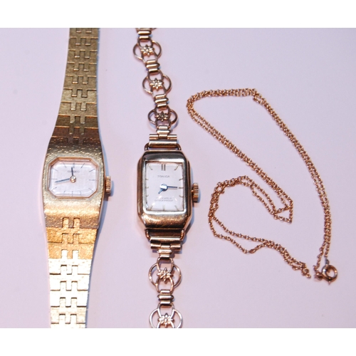 71 - Lady's 9ct gold bracelet watch, a gold necklet, 9.2g, and a rolled gold watch without movement. ... 