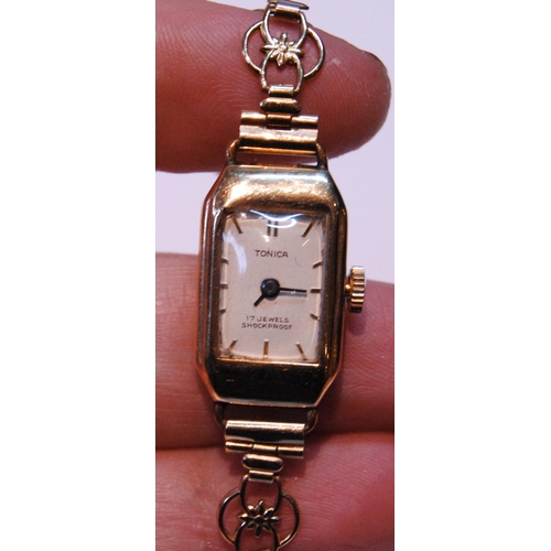 71 - Lady's 9ct gold bracelet watch, a gold necklet, 9.2g, and a rolled gold watch without movement. ... 