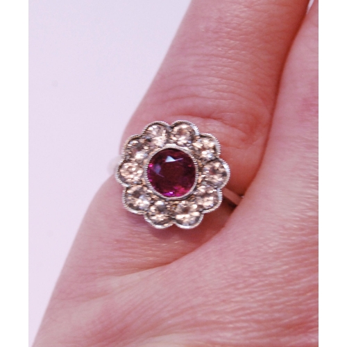 72 - Pink and white sapphire cluster ring, in silver.